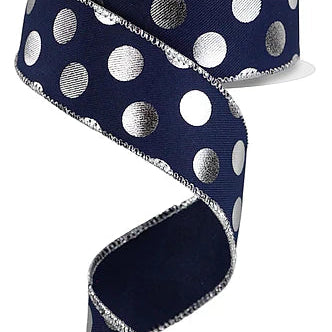 1.5"X10YD METALLIC POLKA DOTS - SILVER/NAVY BLUE - RGE166163