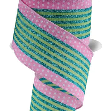 2.5"X10YD VERTICAL STRIPE/POLKA DOT EDGE - WHITE/PINK/GREEN/TEAL - RGF156615