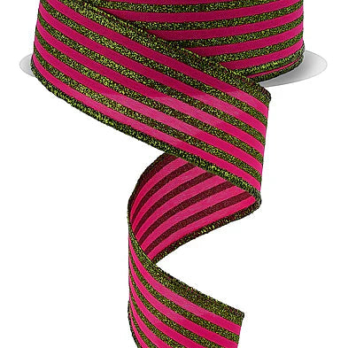 1.5"X10YD GLITTER VERTICAL STRIPE - HOT PINK/LIME GREEN - RGF1970AW