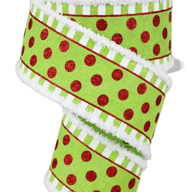 2.5"X10YD GLITTER STRIPES/DOTS WITH DRIFT - LIME/RED/WHITE - RGA815533