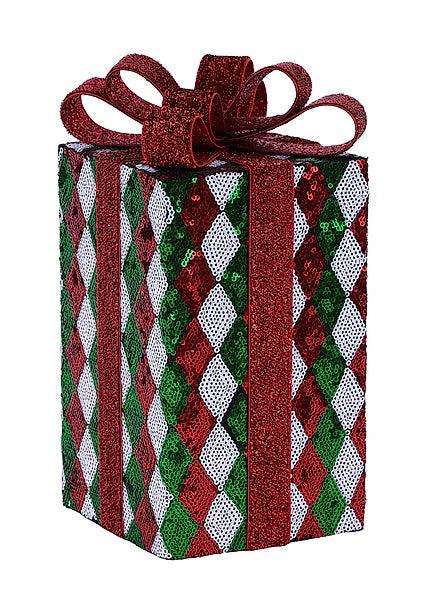 10"OAH X 4.75"W HARLEQUIN GIFT W/BOW - RED/EMERALD/WHITE - XS1623AR