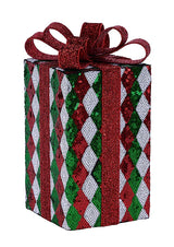 10"OAH X 4.75"W HARLEQUIN GIFT W/BOW - RED/EMERALD/WHITE - XS1623AR