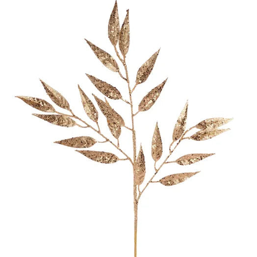 28"L GLITTER/HEX GLITTER LEAF SPRAY - CHAMPAGNE - XS241258