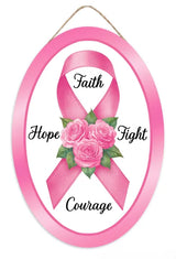 13"HX9"L PINK RIBBON W/ROSES OVAL SIGN - PINK/GREEN/WHITE/BLACK - AP7453