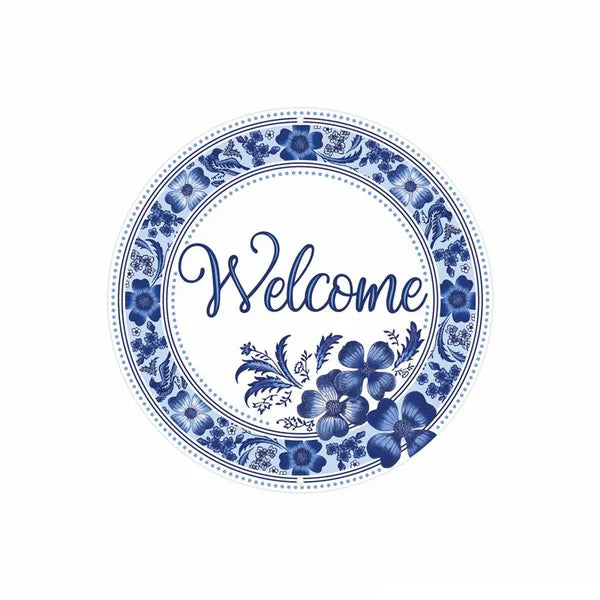 8"DIA METALWELCOME FLORAL SIGN - WHITE/BLUE - MD1355