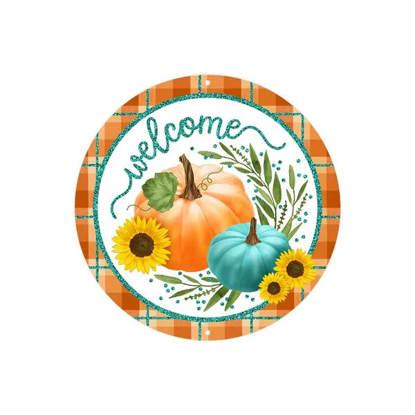 8"DIA METAL/GLITTER WELCOME W/PUMPKINS - ORANGE/TEAL/MOSS/YELLOW - MD0963