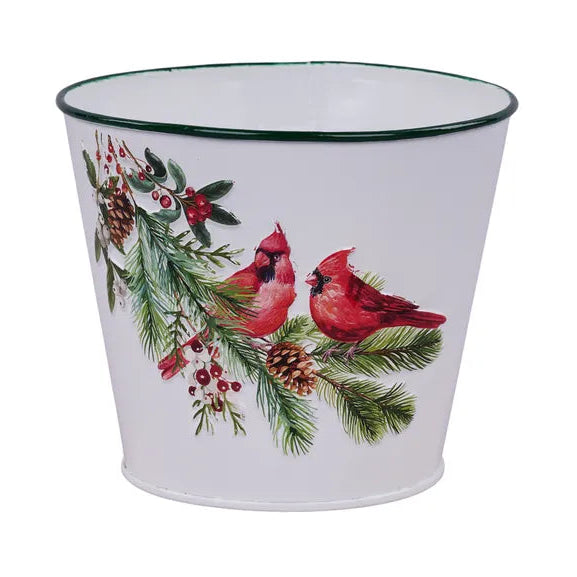5"DIA X 4.5"H CARDINAL/PINE POT COVER - RED/GREEN/SHINY WHITE - XC0221