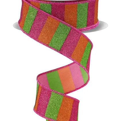 1.5"X10YD HORIZONTAL GLITTER STRIPES - HOT PINK/LIME/ORANGE - RGF1618KA