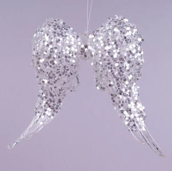 5.75"H X 5.25"L GLITTER ANGEL WING ORNAMENT - CLEAR - XJ708745