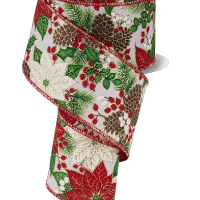 2.5"X10YD POINSETTIA FOLIAGE/PINECONES - CREAM/BROWN/GREEN/IVORY/GOLD - RGF1761C2