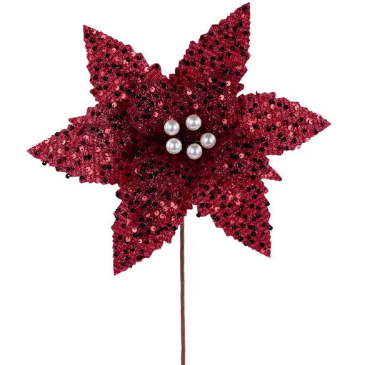 11"DIA TINSEL POINSETTIA STEM, 18"OAL - BURGUNDY - XS423105