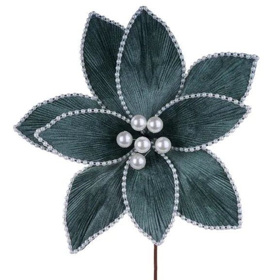 22"L X 12"DIA PEARL BEAD POINSETTIA PICK - SMOKE BLUE - XS420053