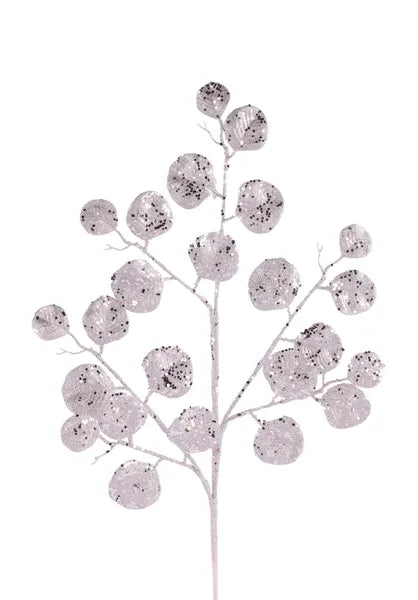 28"L GLITTER ROUND LEAF SPRAY - SILVER - XS241326