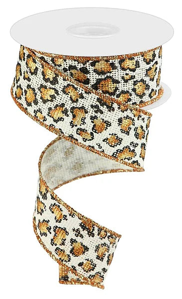1.5"X10YD METALLIC ANIMAL PRINT/BURLAP - OFF WHITE/BLACK/RUST/GOLD - RGC1354X6