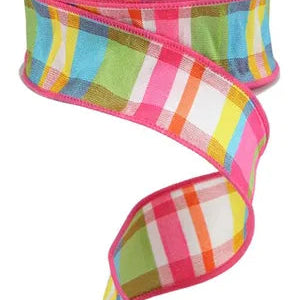 1.5"X10YD FAUX DUPIONI PLAID - HOT PINK/TURQUOISE/LIME/YELLOW - RGP1097AW