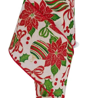 4"X10YD POINSETTIA/ORNAMENTS - DARK CREAM/MULTI - RGF1345C2