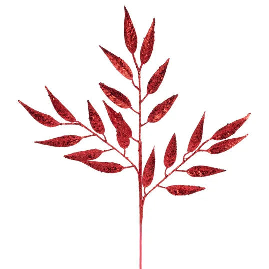 28"L GLITTER/HEX GLITTER LEAF SPRAY - RED - XS241224
