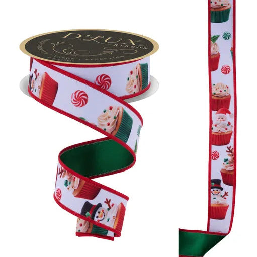 1.5"X10YD CHRISTMAS CUPCAKES/FUSED - D'LUX - WHITE/RED/GREEN - LX115256