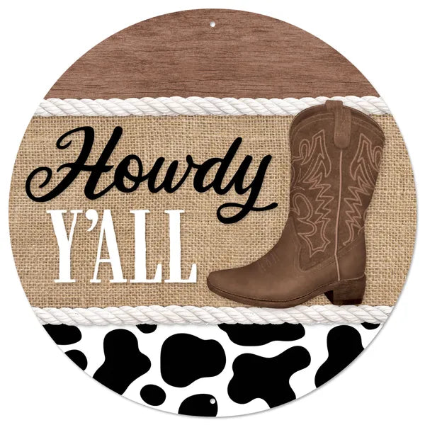 12"DIA HOWDY YALL W/COWBOY SIGN - BROWN/TAN/BLACK/WHITE - MD155102