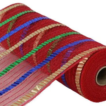 10.5"X10YD XL WIDE FOIL STRIPE MESH - RED/GOLD/EMERALD/ROYAL - RY8514X7