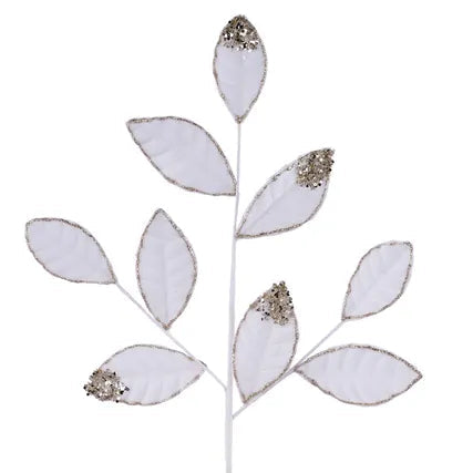 27"L VELVET/GLITTER MAGNOLIA LEAF SPRAY X9 - CREAM - XS255233