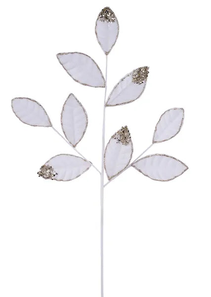 27"L VELVET/GLITTER MAGNOLIA LEAF SPRAY X9 - CREAM - XS255233