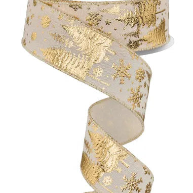 1.5"X10YD PINE TREES/SNOWFLAKES - DARK CREAM/GOLD - RGF1239C2