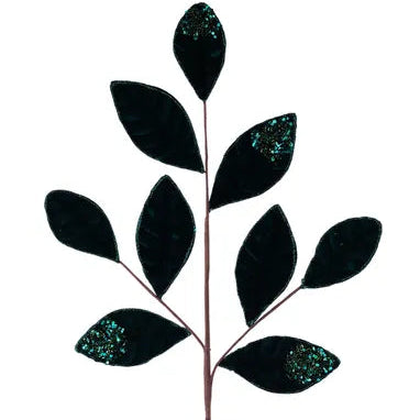 27"L VELVET/GLITTER MAGNOLIA LEAF SPRAY X9 - HUNTER GREEN - XS255212