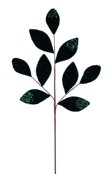 27"L VELVET/GLITTER MAGNOLIA LEAF SPRAY X9 - HUNTER GREEN - XS255212