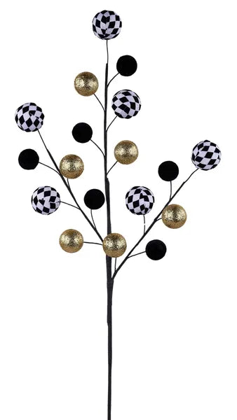29"L HARLEQUIN VELVET BALL SPRAY - BLACK/WHITE/GOLD - MN0606FW