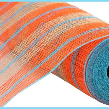 10.25"X10YD FAUX JUTE/THICK STRIPE MESH - ORANGE/NATURAL/TURQUOISE - RY8330X4